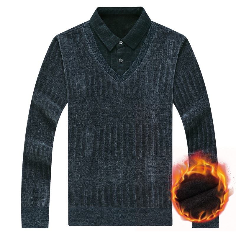 Maglione polo da uomo in pile di ciniglia spesso, due pezzi, autunno inverno, casual, con colletto rovesciato_voghion.com