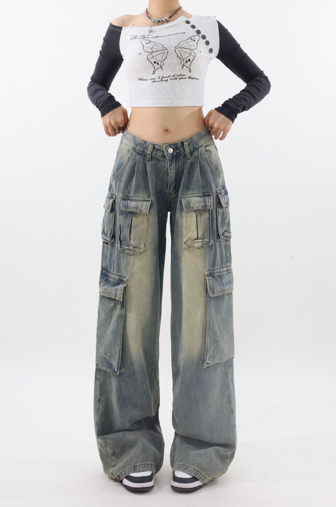 ChicShe Europese en Amerikaanse stijl Spicy Girl Mid-Low Waist Wide-Leg Pants Design Sense Workwear Multi-Pocket Loose Flowing_voghion.com