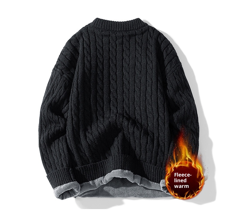 ragazzo ragazzo ragazzo con fodera in pile, nuova maglia base autunnale e invernale, maglione lavorato a maglia con trecce intrecciate a scollo rotondo, maglione lavorato a maglia da uomo_voghion.com