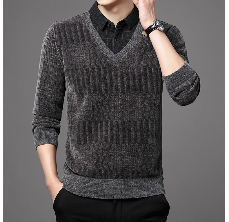 Maglione polo da uomo in pile di ciniglia spesso, due pezzi, autunno inverno, casual, con colletto rovesciato_voghion.com