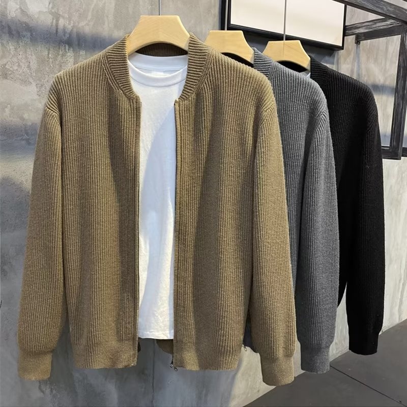 boy Boy Boy Spring And Autumn Doub Zipper Design Cardigan Solid Color Sweater Men's Simp Trendy Versati Knitted Jacket_voghion.com
