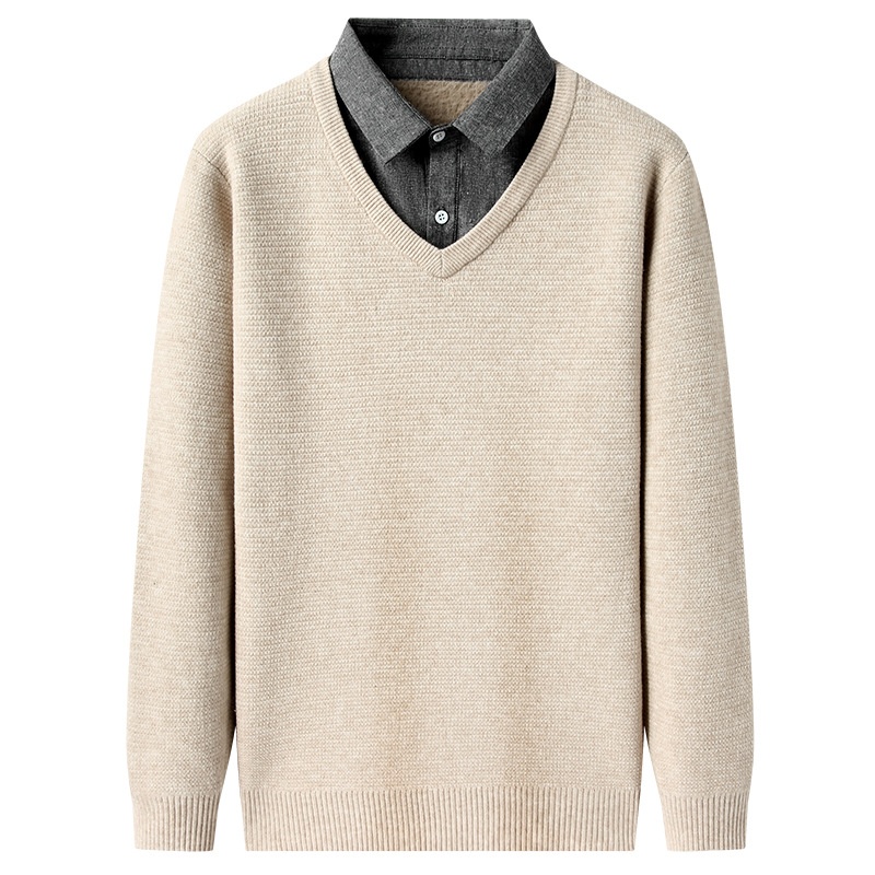 boy Boy Boy Fleece-Lined Men's Two-Piece Shirt Collar 2025 Autumn Winter New Thickened Knitted Sweater For Men_voghion.com