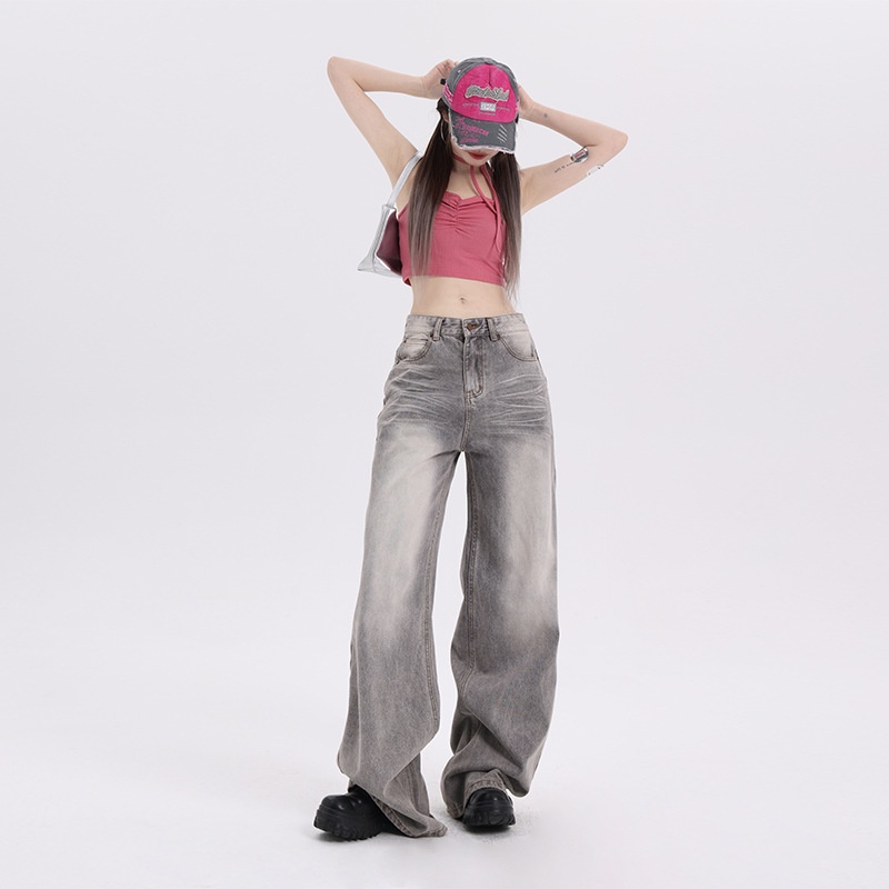 ChicShe Featured Moment Early Autumn New Gray Loose Versatile Trendy American Style Straight Wide-Leg Denim Jeans Long Pants For_voghion.com