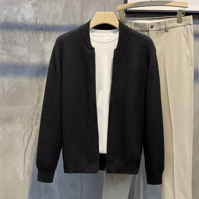 boy Boy Boy Spring And Autumn Doub Zipper Design Cardigan Solid Color Sweater Men's Simp Trendy Versati Knitted Jacket_voghion.com