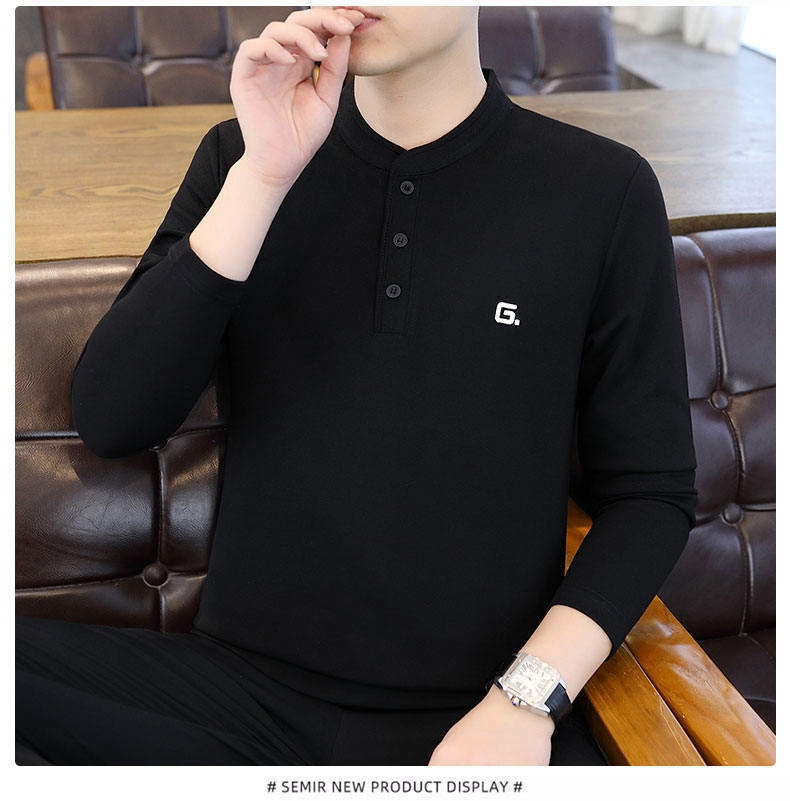 QFV507045555501<2 QFV507045555501<2 Data Style Maglietta a maniche lunghe da uomo con colletto cubano, tre bottoni e perline, autunno 2024, nuovo strato di base_voghion.com