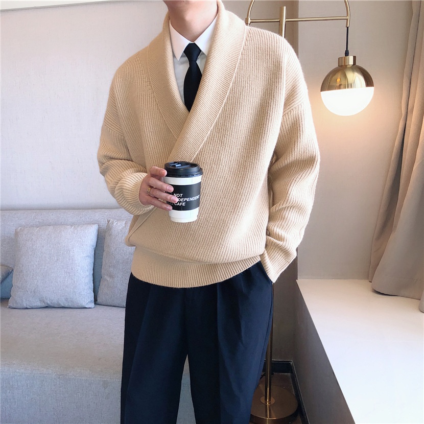 boy Boy Boy South Korea Autumn And Winter Solid Color Large V-Neck Draped Personality Men's Loose Lazy Style Casual Knitted Sweater_voghion.com