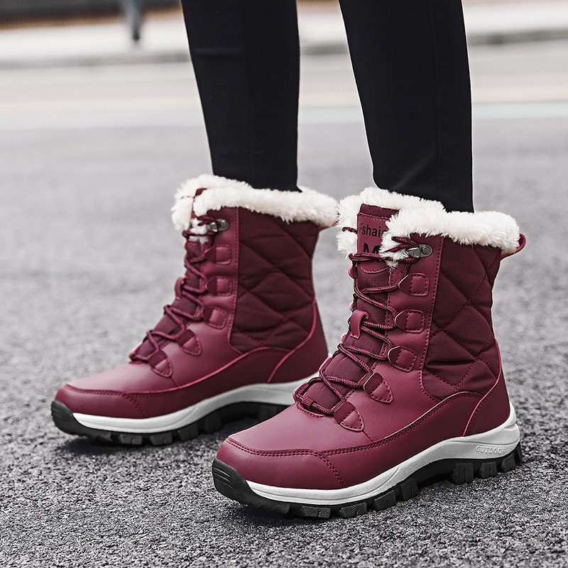 Zees Neue Winterstiefel für Damen, mittelhoch, warm, fleecegefüttert, dick gefüttert, ideal zum Skifahren, aus Baumwolle, große Größen_voghion.com