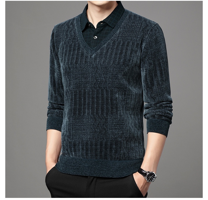 Maglione polo da uomo in pile di ciniglia spesso, due pezzi, autunno inverno, casual, con colletto rovesciato_voghion.com