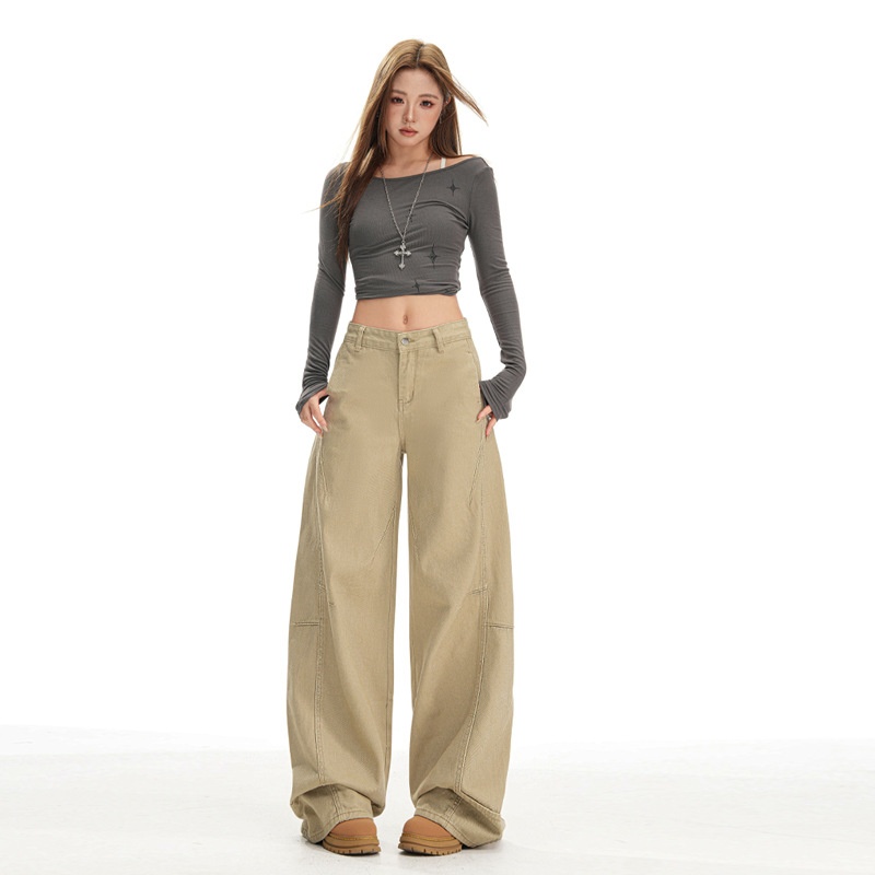 ChicShe American Style Khaki Jeans For Women, Autumn New Design, Patchwork Loose Slimming Draped Floor-Length Wide-Leg Pants_ecoleips.com