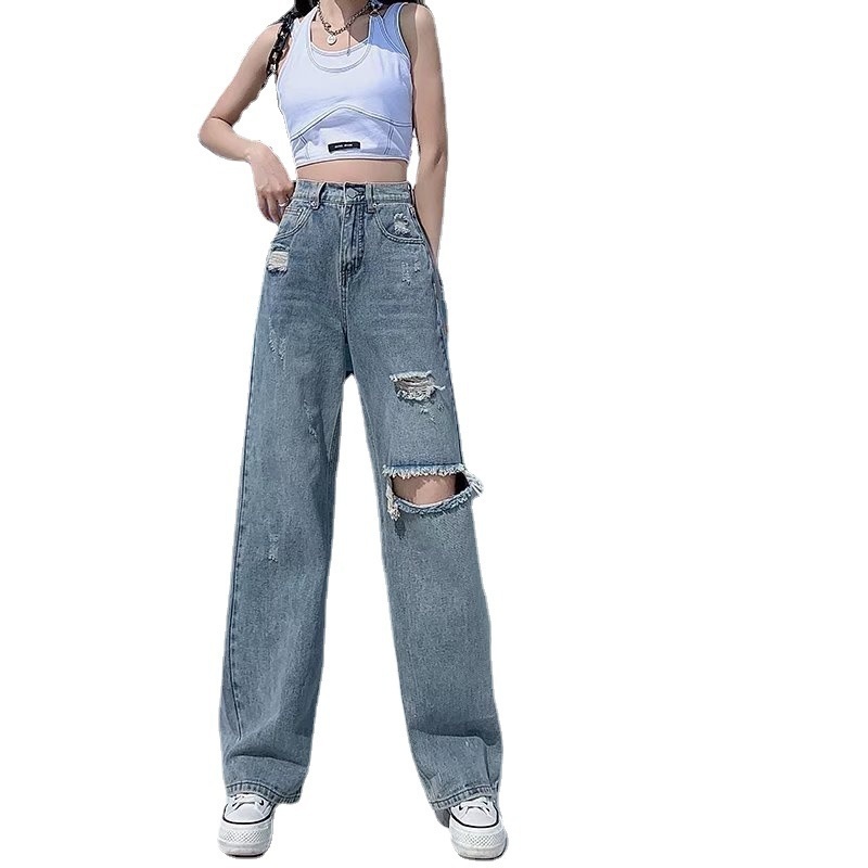 ChicShe High Waist Straight Ripped Jeans Summer Thin 2022 New Loose Draped Wide Leg Floor-Length Pants For Women_voghion.com