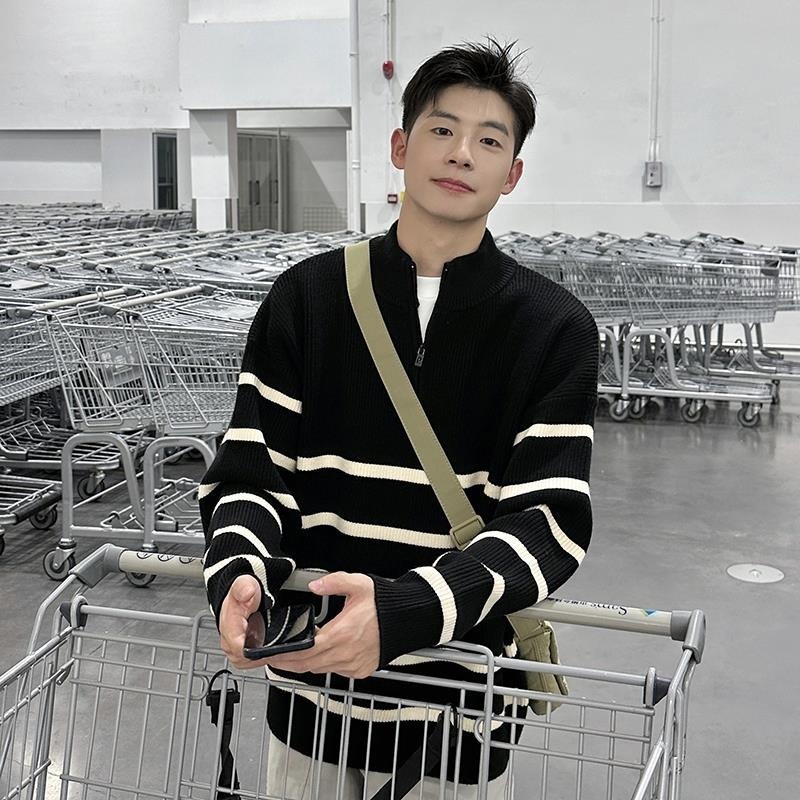 boy Boy Boy 2025 New Tendy Band Half Tutleneck Zippe Striped Sweatshirt Men, Loose Pullove Knitted Base Shit Fo Autumn And_voghion.com