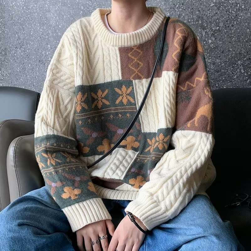 Pull cardigan style rétro américain pour homme, tendance hiver, ample et décontracté, patchwork, color block, maille torsadée_voghion.com