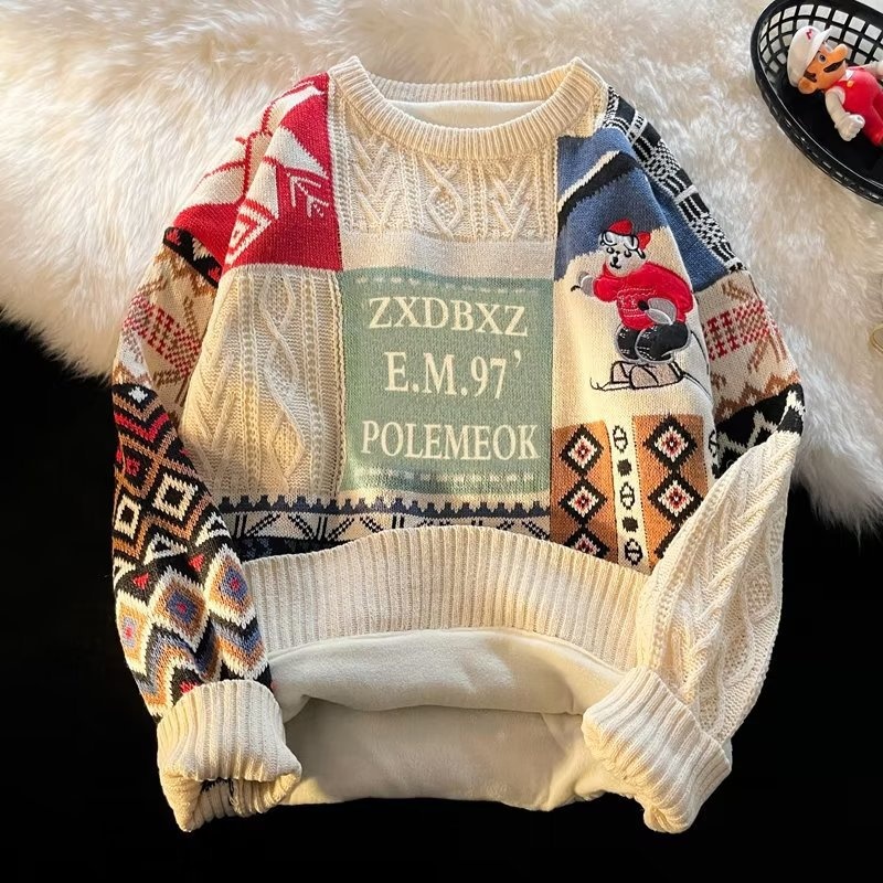 boy Boy Boy Heavyweight Fleece-Lined Thick For Men Winter Trendy Loose Lazy Style Christmas Knitted Sweater Couple Outfit Cardigan_voghion.com