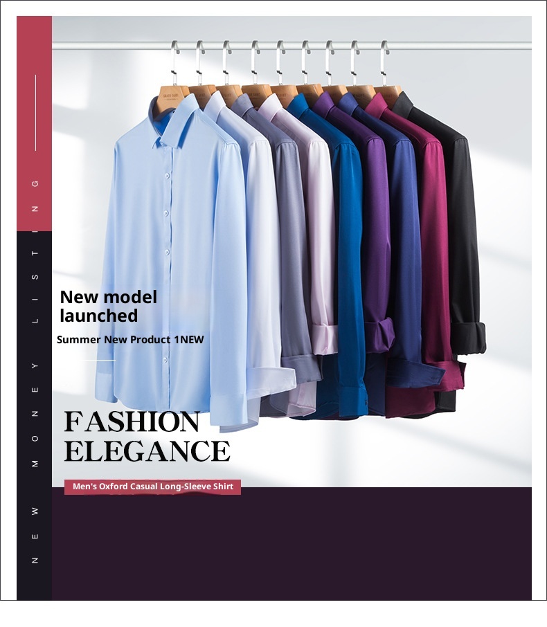 Camisa de manga larga para hombre, color liso, elástica en cuatro direcciones, sin planchado, corte entallado, sin bolsillos, para primavera y otoño_voghion.com