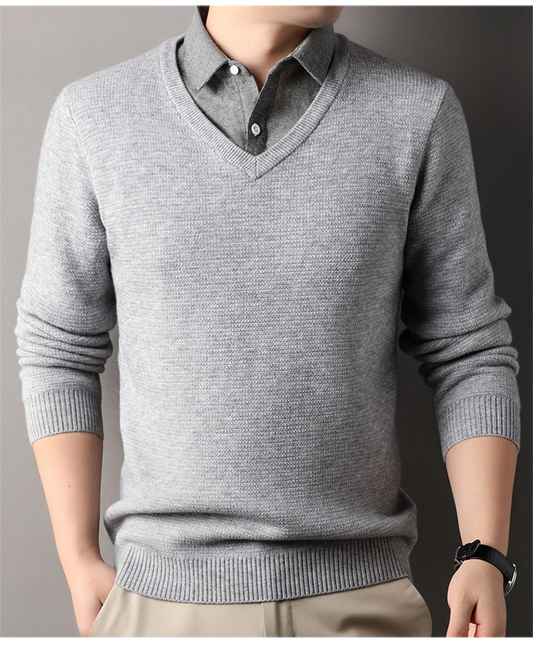 boy Boy Boy Fleece-Lined Men's Two-Piece Shirt Collar 2025 Autumn Winter New Thickened Knitted Sweater For Men_voghion.com