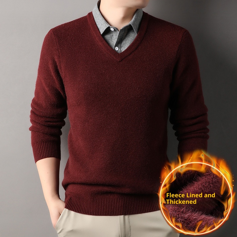 boy Boy Boy Fleece-Lined Men's Two-Piece Shirt Collar 2025 Autumn Winter New Thickened Knitted Sweater For Men_voghion.com