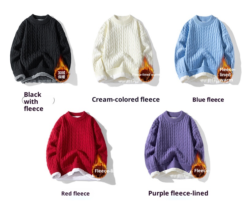 ragazzo ragazzo ragazzo con fodera in pile, nuova maglia base autunnale e invernale, maglione lavorato a maglia con trecce intrecciate a scollo rotondo, maglione lavorato a maglia da uomo_voghion.com