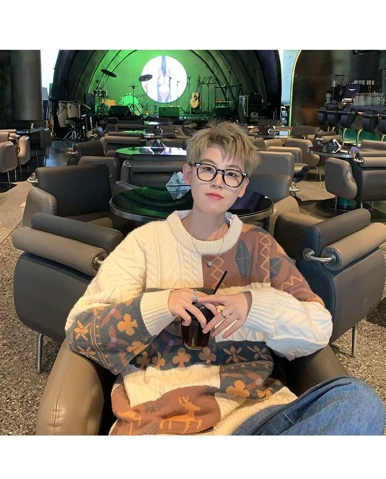 Pull cardigan style rétro américain pour homme, tendance hiver, ample et décontracté, patchwork, color block, maille torsadée_voghion.com