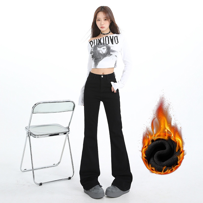 ChicShe Fleece-Lined Jeans Women, New American Style For Autumn And Winter, Petite Flared Black Slim Fit Slimming Bootcut Pants_voghion.com