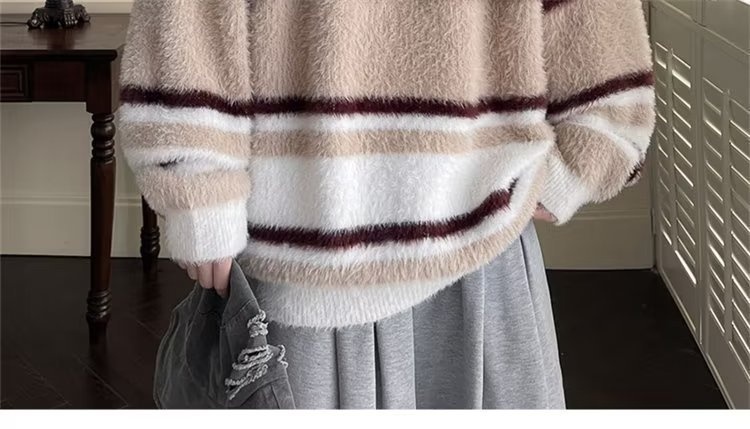 boy Boy Boy Soft Cozy Color-Block Striped Sweater For Men, New Autumn And Winter Round Neck Inner Layer, Warm Loose Base Knit Top_voghion.com