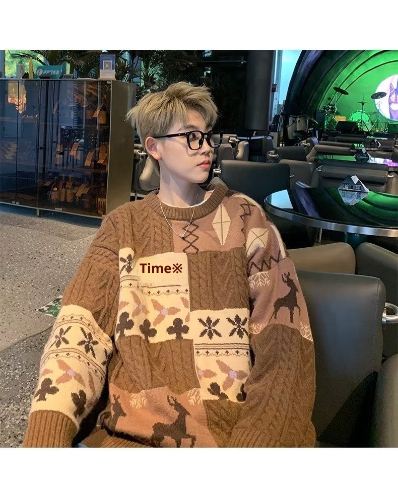 Pull cardigan style rétro américain pour homme, tendance hiver, ample et décontracté, patchwork, color block, maille torsadée_voghion.com