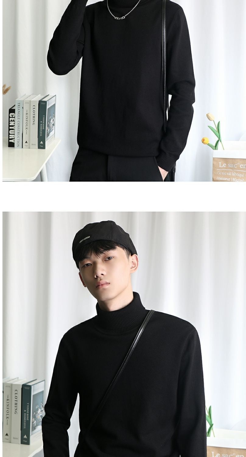Maglione lavorato a maglia a collo alto da uomo, stile coreano, alla moda, vestibilità slim, nero, autunno inverno, strato interno, da uomo_voghion.com