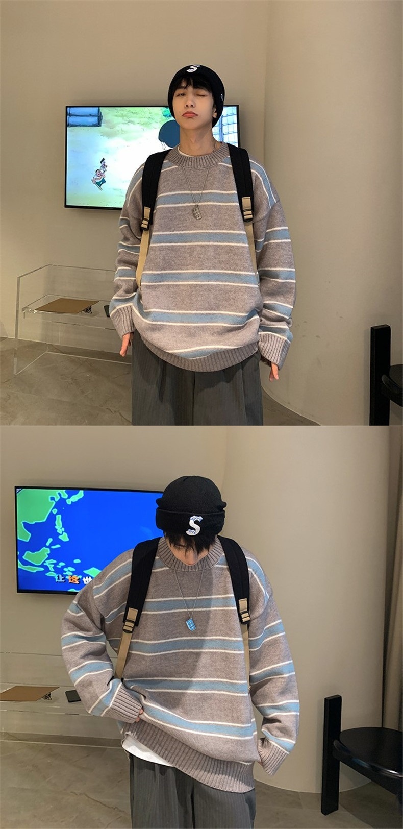 boy Boy Boy Striped Color Block Sweater Men's Autumn Winter Ins High Trend Loose Street Retro Hong Kong Style Round Neck Knitwear_voghion.com