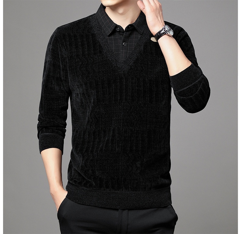 Maglione polo da uomo in pile di ciniglia spesso, due pezzi, autunno inverno, casual, con colletto rovesciato_voghion.com