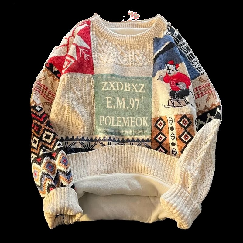 boy Boy Boy Heavyweight Fleece-Lined Thick For Men Winter Trendy Loose Lazy Style Christmas Knitted Sweater Couple Outfit Cardigan_voghion.com