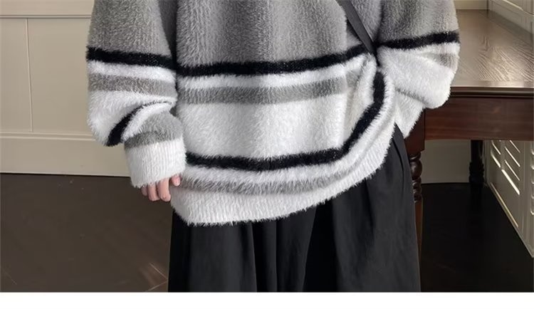 boy Boy Boy Soft Cozy Color-Block Striped Sweater For Men, New Autumn And Winter Round Neck Inner Layer, Warm Loose Base Knit Top_voghion.com