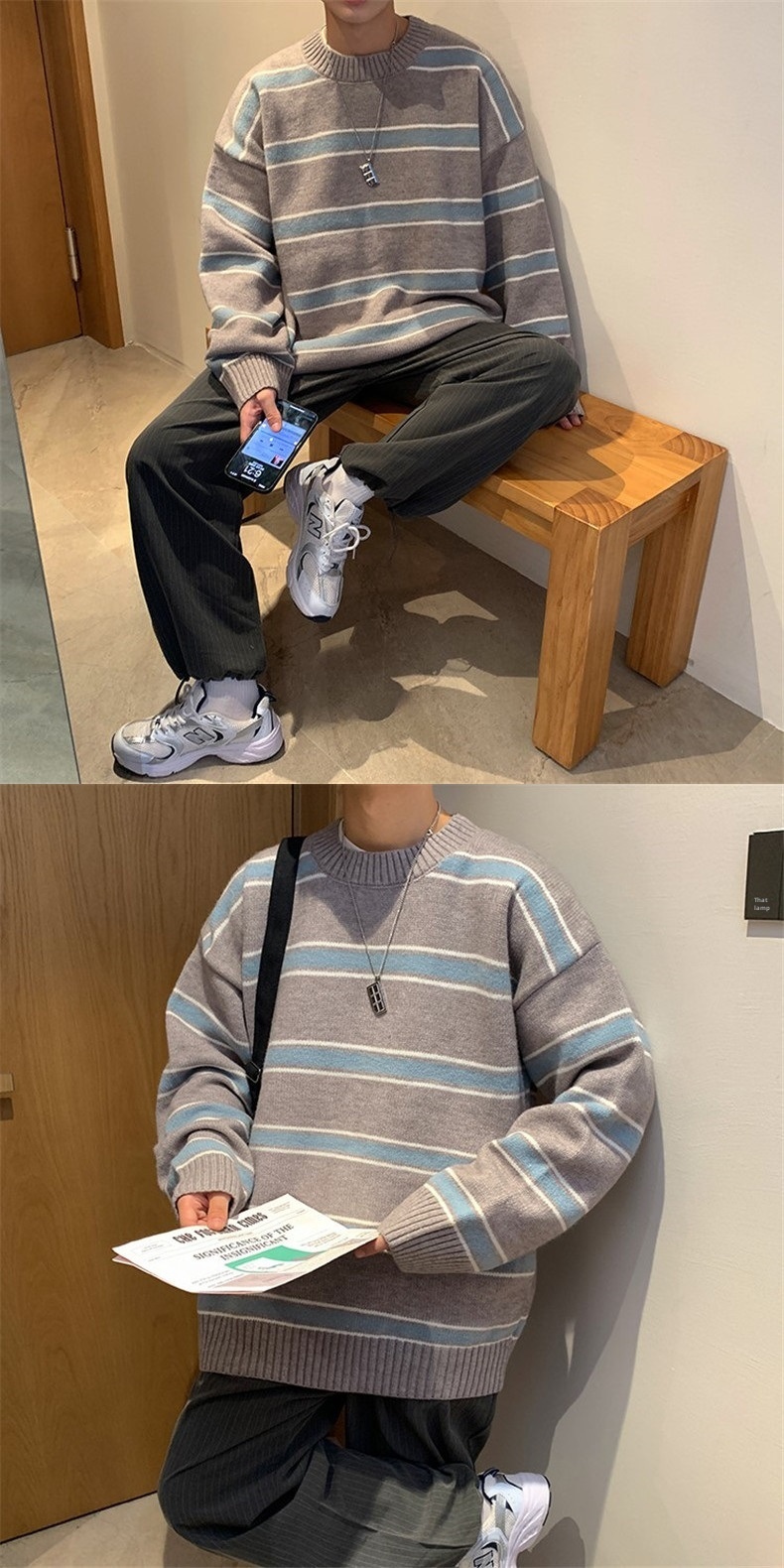 boy Boy Boy Striped Color Block Sweater Men's Autumn Winter Ins High Trend Loose Street Retro Hong Kong Style Round Neck Knitwear_voghion.com