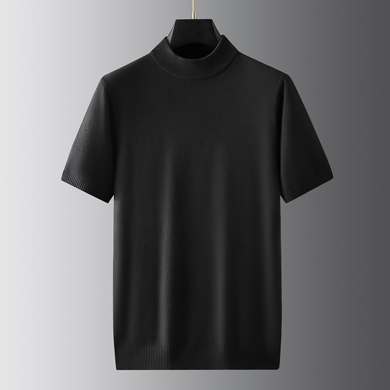 boy Boy Boy Turtleneck Men Half Sweater Solid Color Plus Size Fat Man Autumn Thin T-Shirt Short Sleeve Knitted Shirt_voghion.com