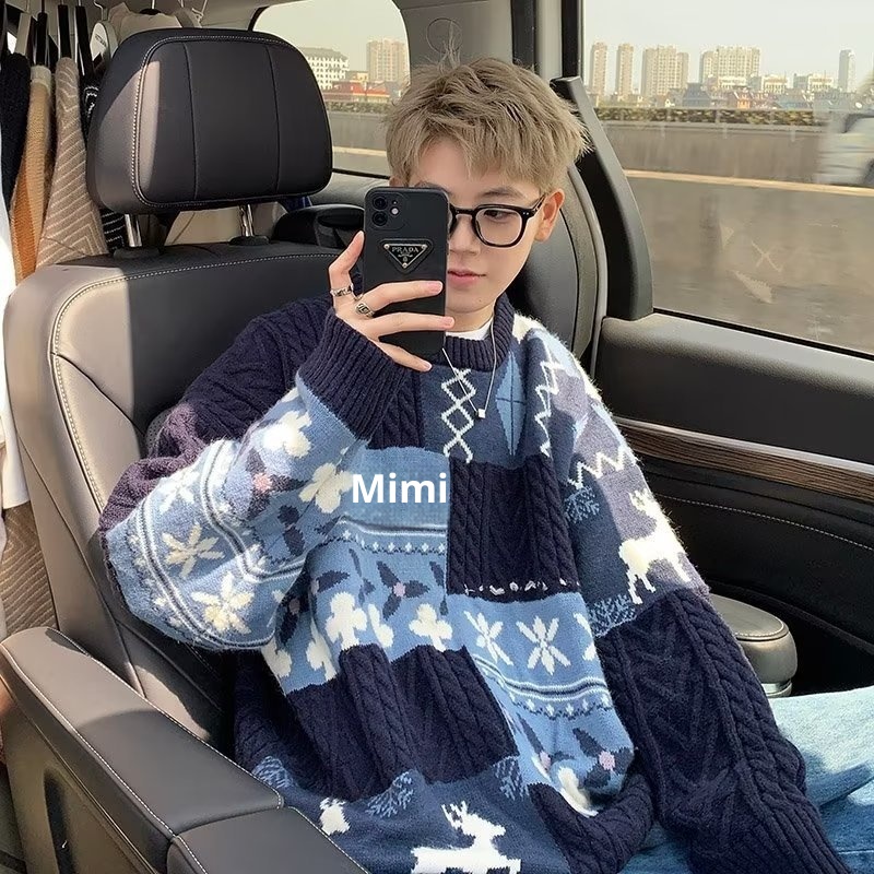 Pull cardigan style rétro américain pour homme, tendance hiver, ample et décontracté, patchwork, color block, maille torsadée_voghion.com