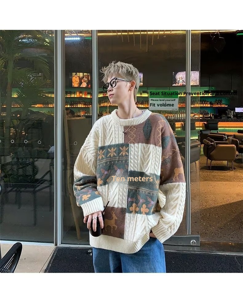 Pull cardigan style rétro américain pour homme, tendance hiver, ample et décontracté, patchwork, color block, maille torsadée_voghion.com