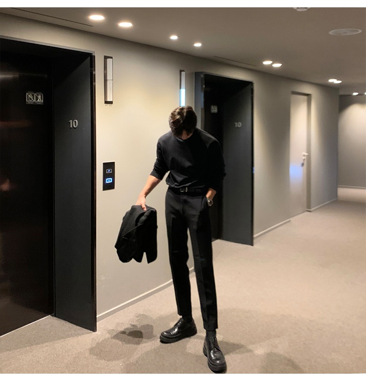 boy Boy Boy Autumn Winter Men's Korean Style Loose Casual Solid Color Mid-Neck Knitted Base Shirt Long Sleeve Inner Layer High-End_voghion.com