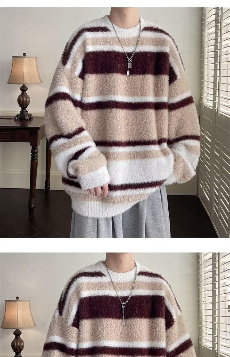 boy Boy Boy Soft Cozy Color-Block Striped Sweater For Men, New Autumn And Winter Round Neck Inner Layer, Warm Loose Base Knit Top_voghion.com