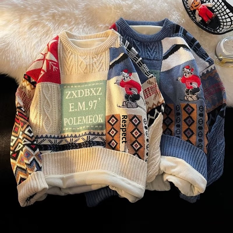 boy Boy Boy Heavyweight Fleece-Lined Thick For Men Winter Trendy Loose Lazy Style Christmas Knitted Sweater Couple Outfit Cardigan_voghion.com