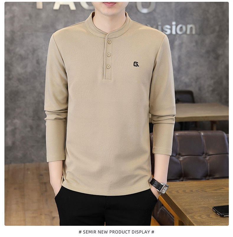 QFV507045555501<2 QFV507045555501<2 Data Style Maglietta a maniche lunghe da uomo con colletto cubano, tre bottoni e perline, autunno 2024, nuovo strato di base_voghion.com