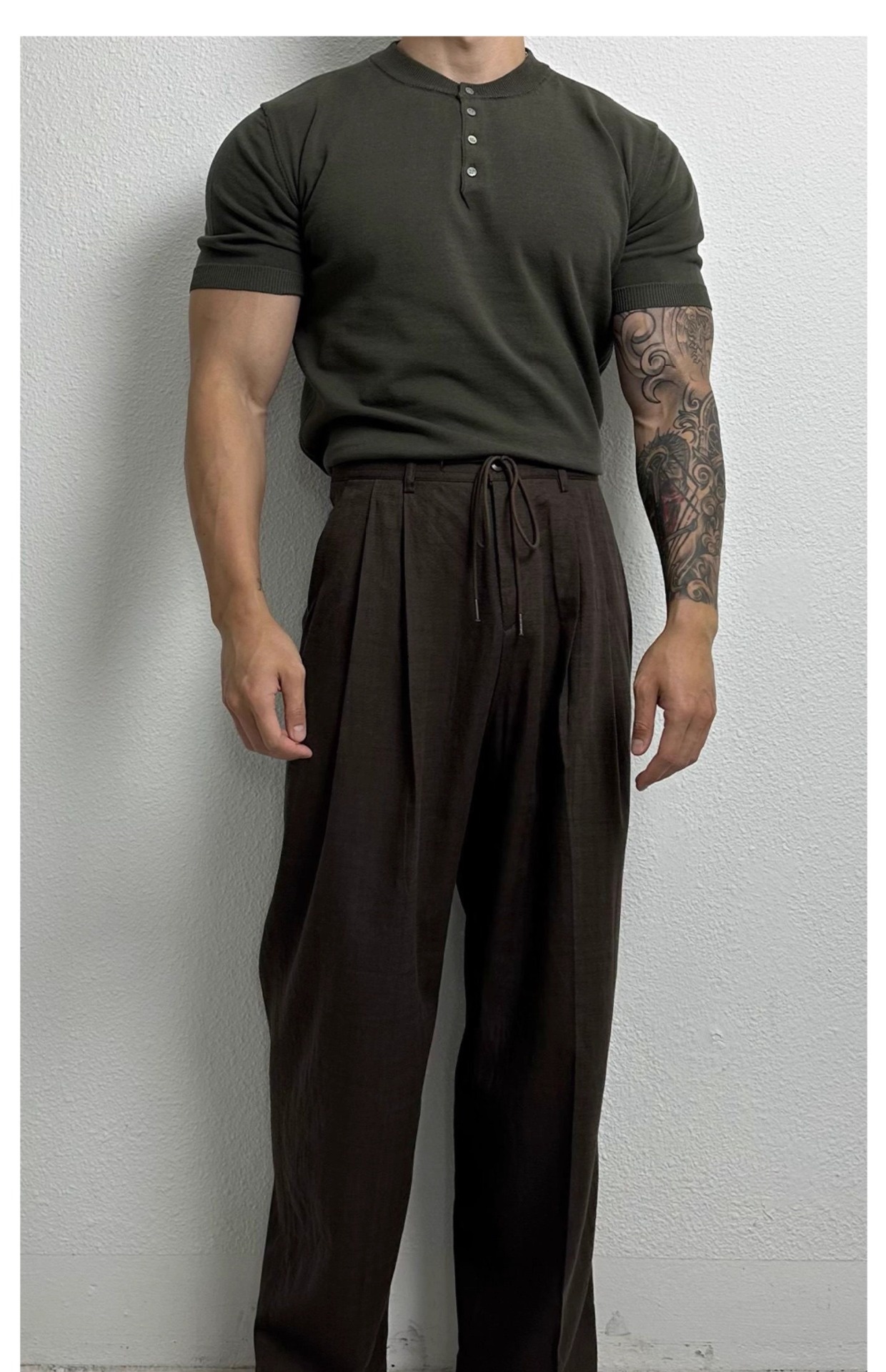 QFV507045555501<2 Henry Collar Short Sleeve Knitted Shirt For Men Summer Ice Silk Breathable Slim Fit Muscle-Showing Business European And_voghion.com