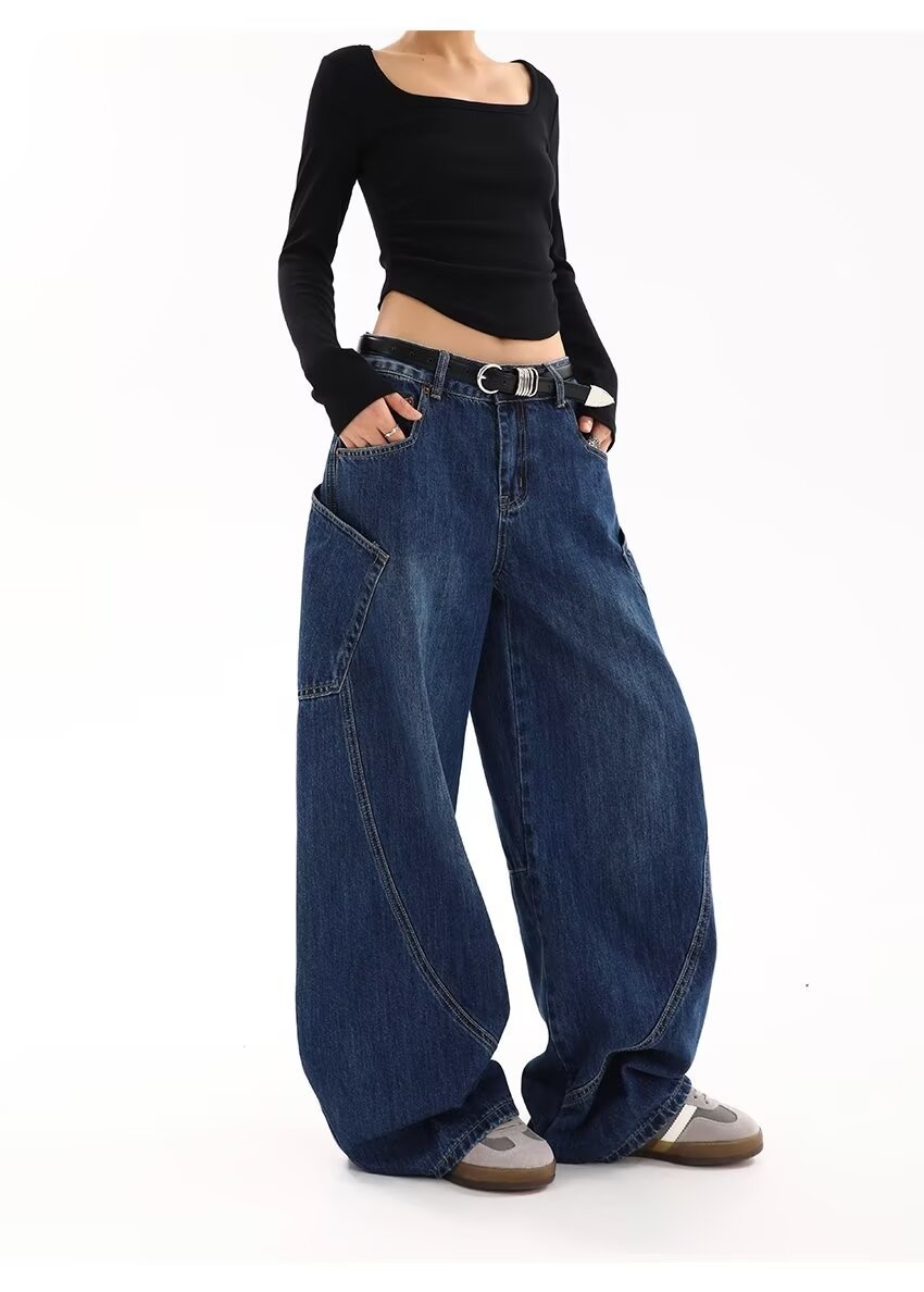 Jeans ChicShe American Retro Large Pocket Scimitar da donna, stile primaverile e autunnale, design High Street, gamba larga e ampia_voghion.com