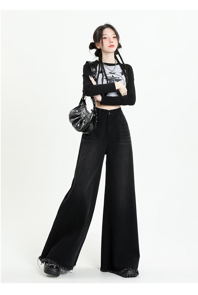 ChicShe ChicShe 2025 European American Cross-Border Street Style Black And Gray Wide-Leg Sweeping Pants Large Cuff Frayed Hem Jeans_voghion.com