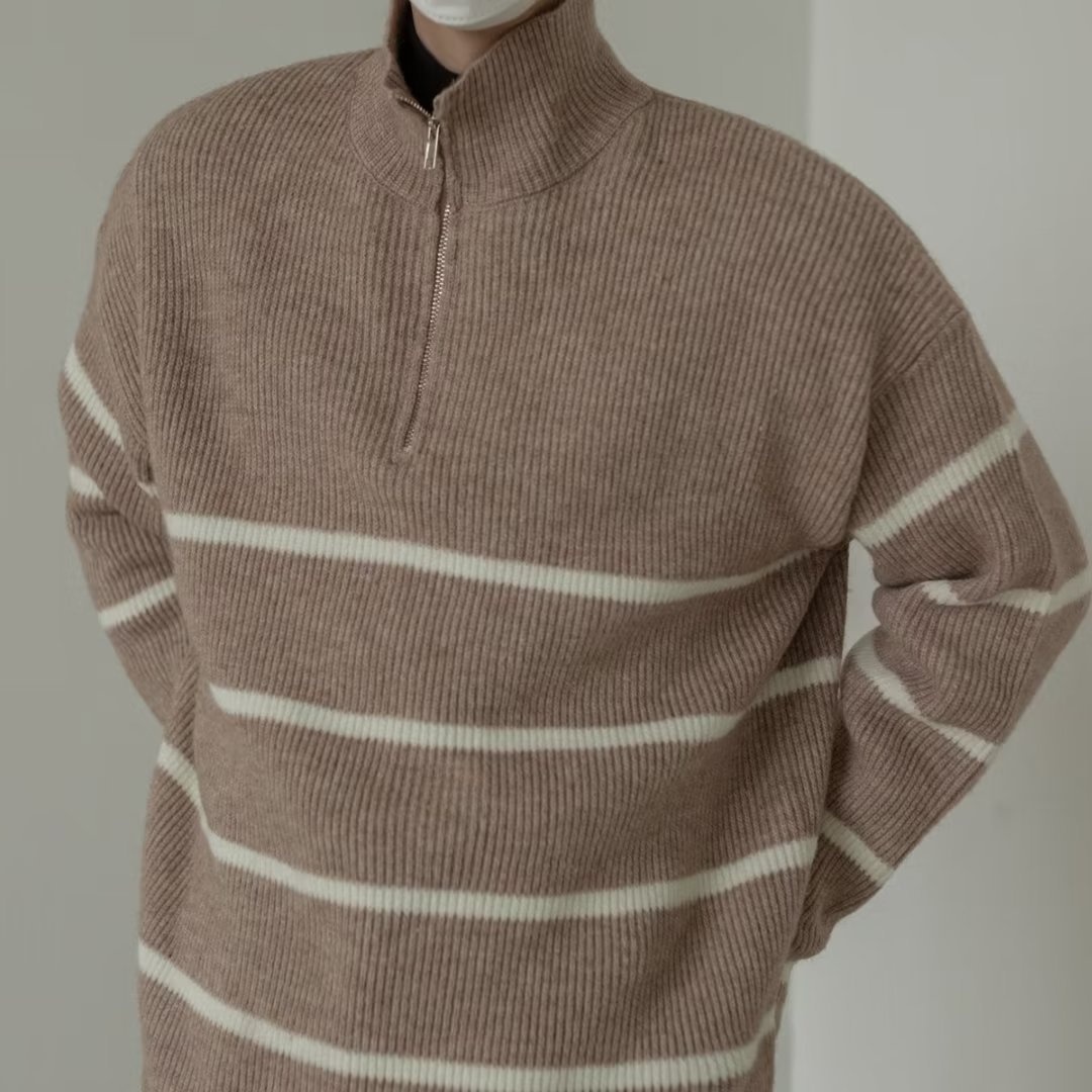 boy Boy Boy Boy Japanese Style Turn-Down Collar Sweater For Men, Autumn Korean Version, Lazy Style, Versatile Striped Pullover, Half-Zip_voghion.com