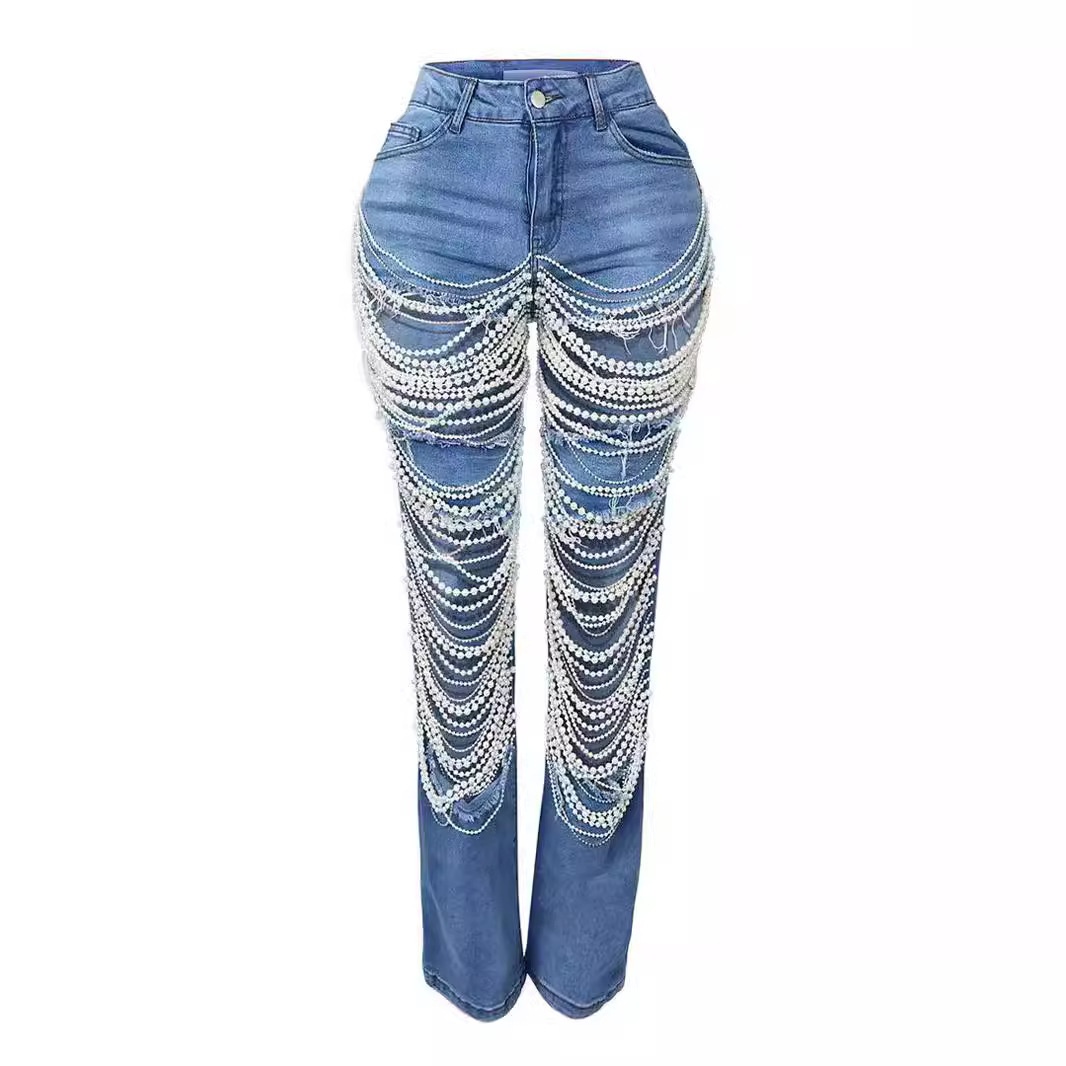 ChicShe Spicy Girl Zomer Europese en Amerikaanse Cross-Border Distressed Heavy Beaded Elastische Jeans Lange Broek Dames JEANS_voghion.com