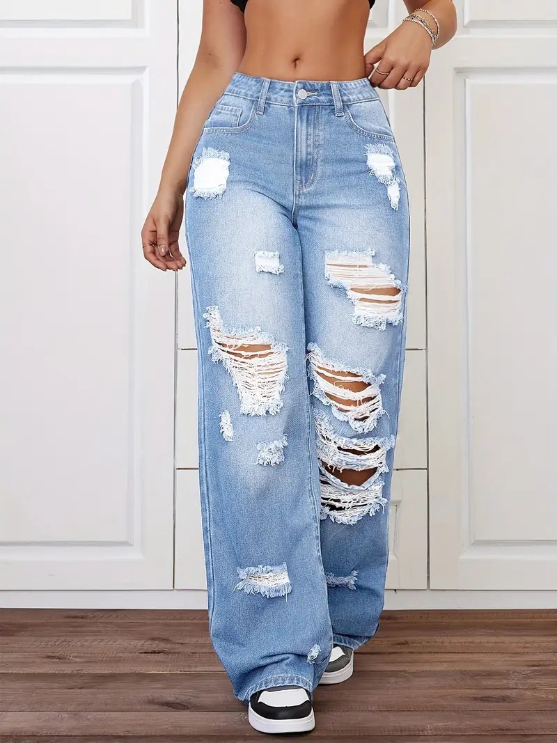 ChicShe European And American Cross-Border Trade Ripped Jeans Washed High Waist Straight Versatile Loose Denim Pants For Women_voghion.com