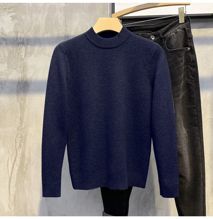 boy Boy Boy Boy Half Turtleneck Sweater For Men, Fleece-Lined Thickened, Autumn And Winter, Mid-Neck, Solid Color, Student Base Layer,_voghion.com