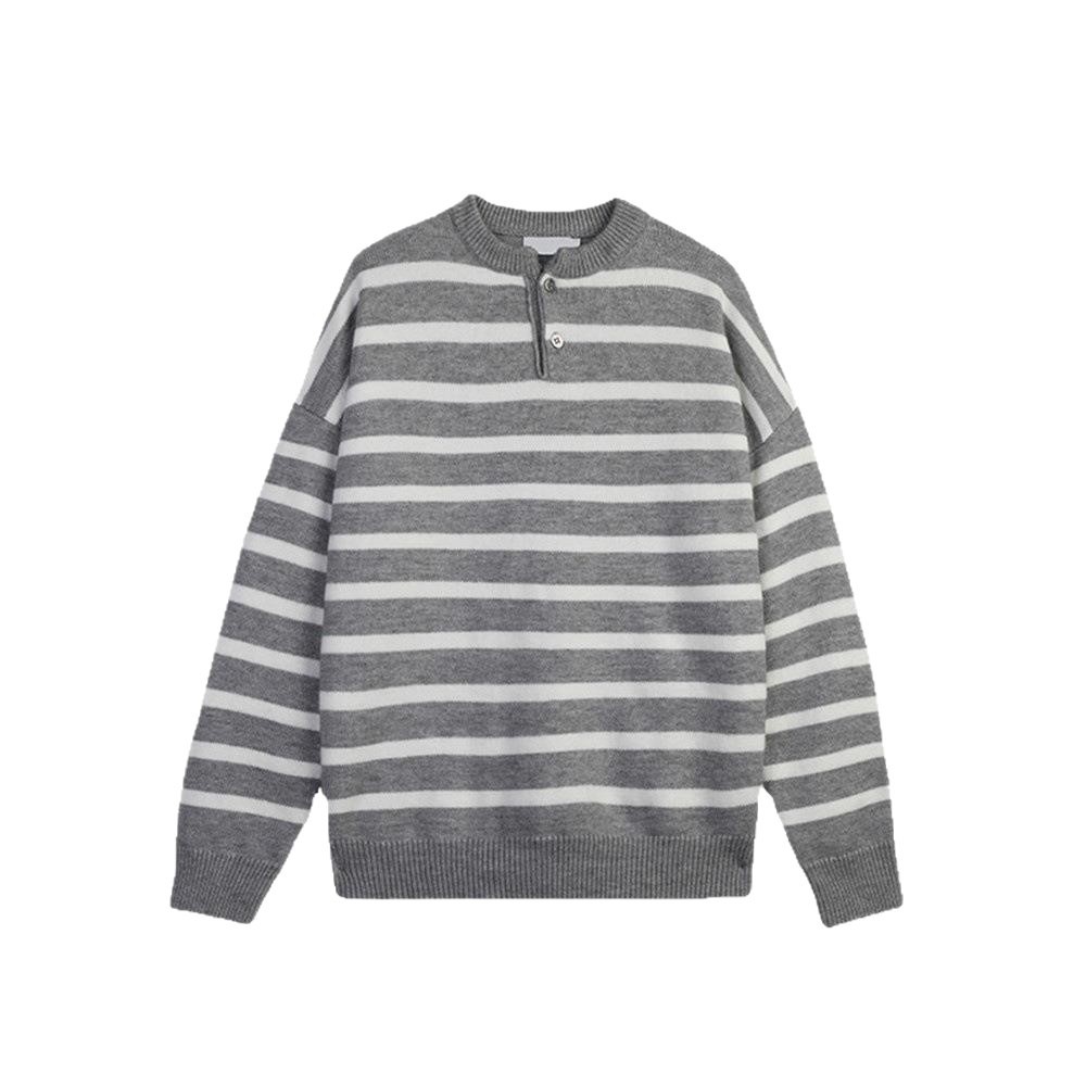 boy Boy Boy Boy Textured Japanese-Style Striped Sweater For Men With Buttons, Round Neck, Autumn Winter Casual Knitwear, Korean Version,_voghion.com