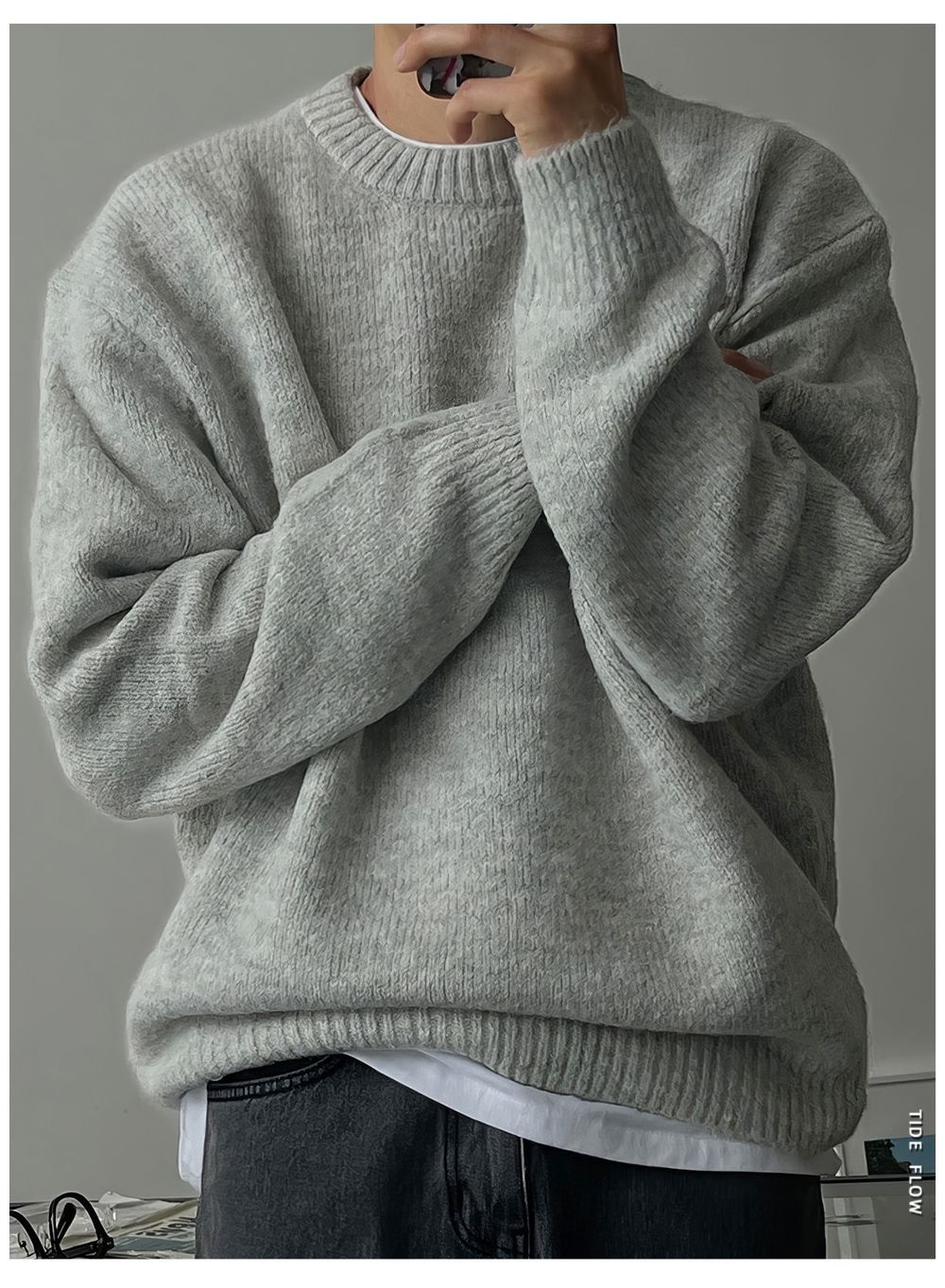 boy Boy Boy Boy Solid Color Drop Shoulder Round Neck Knitted Sweater For Men, Spring And Autumn Lazy Basic Versatile Sweater, Warm_voghion.com