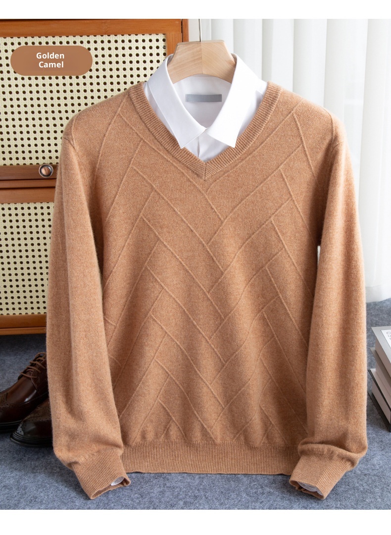 Maglione spesso da uomo in pura lana con scollo a V, autunno inverno 2024, nuovo modello casual da lavoro, con scollo a cuore_voghion.com