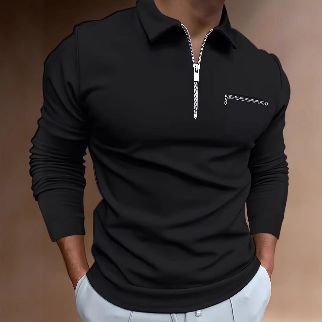 boy Boy Fashion Casual Golf Hiking Long Sleeve Solid Color Double Zipper Turn-Down Collar Sports Polo Shirt_voghion.com