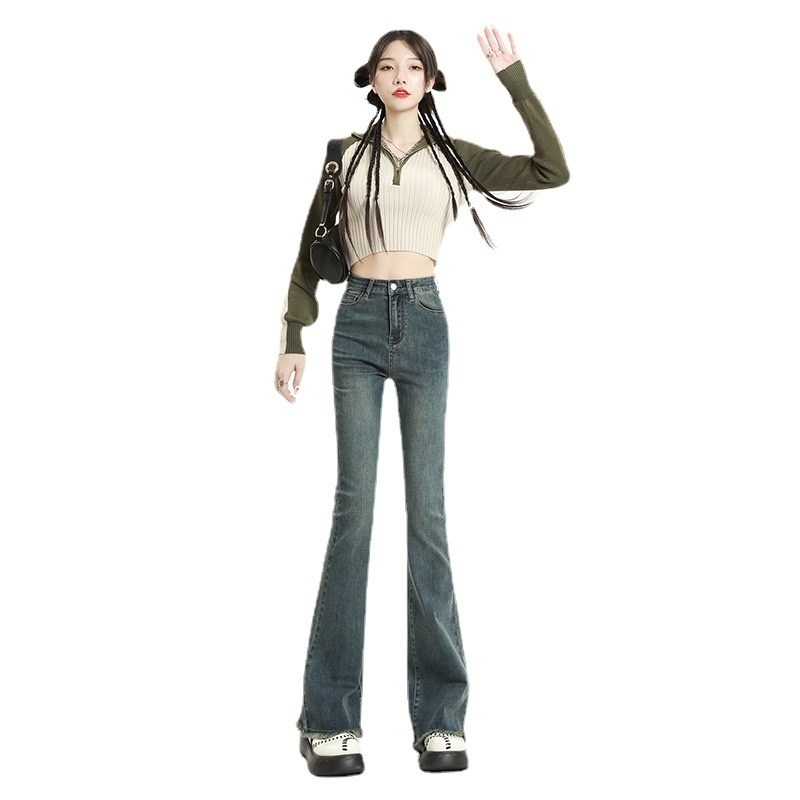 ChicShe Vintage High-Waisted Jeans voor dames 2025 Herfst Nieuwe Small Slim Fit Gerafelde Uitlopende Broek_voghion.com